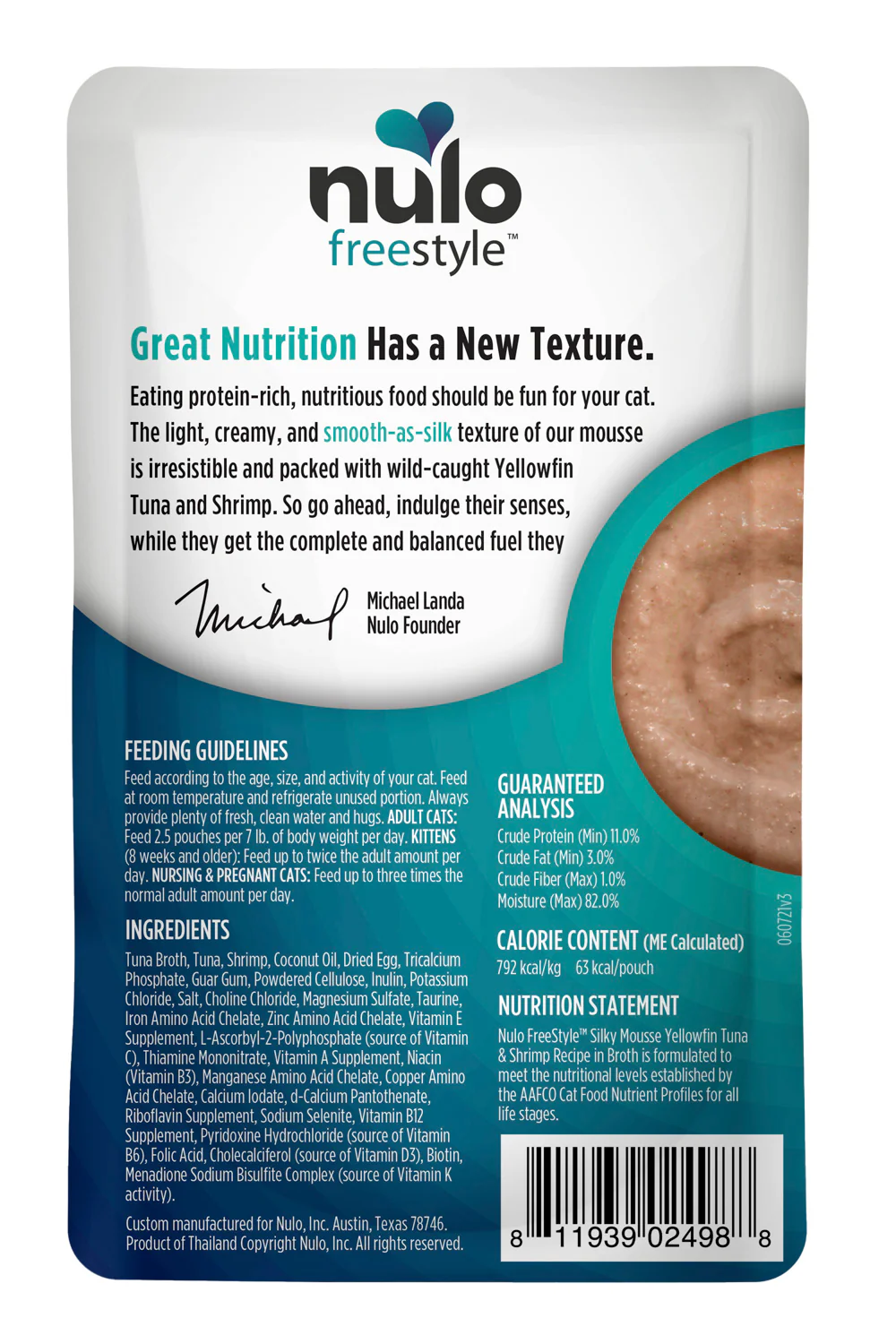 Nulo Freestyle Silky Mousse Yellowfin Tuna and Shrimp Wet Cat Food Pouch - Image 2